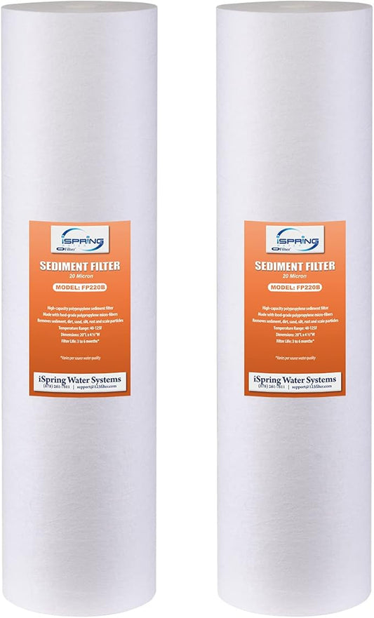 iSpring FP220BX2 High Capacity x 4.5” Water Replacement Cartridges Sediment Filter, 20 Micron, 2 Count (Pack of 1), White