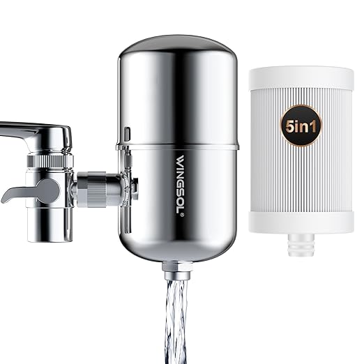 WINGSOL Faucet Filter Reduce Heavy Metals 99.6% Lead, Increase Water pH & Taste NSF/ANSI 42&53, 304 Stainless-Steel 220-Gallon 0.1µm Remineralize Water 5-in-1 Function WS-FM001-5in1