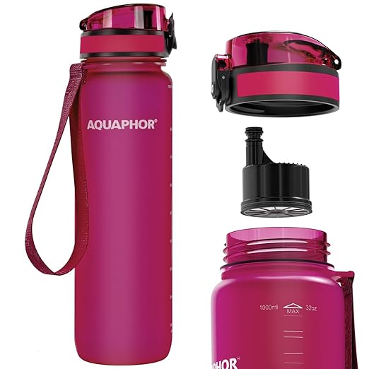 Nakii Filtered Water Bottle, Leakproof, BPA-Free, Motivational Markings, Travel, Everyday Use. 40-Gallon Filter, Replaces 300 Plastic Water Bottles. Includes 1 Filter, 22 FL Oz, Pink by Aquaphor