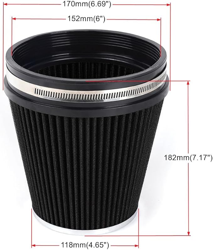 MUGE RACING 6" 152 mm High Flow Inlet Air Filter, Air Intake Cone Filter Replacement Performance Washable Clamp-On Dry, 6'' Tall(Black)