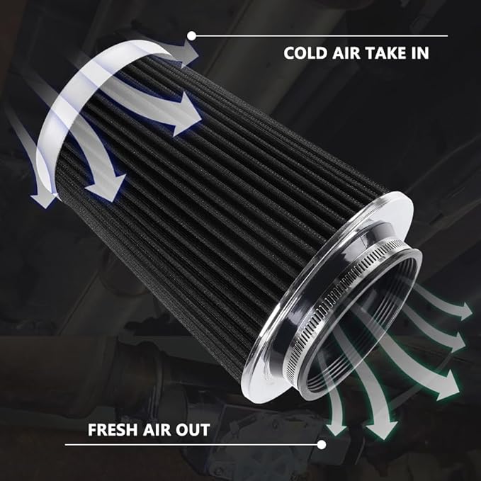4-Inch Cold Air Intake Filter - Washable, High Performance, 3" or 3-1/2" or 4" Clamp-On Replacement Air Filter Black (8" Tall)