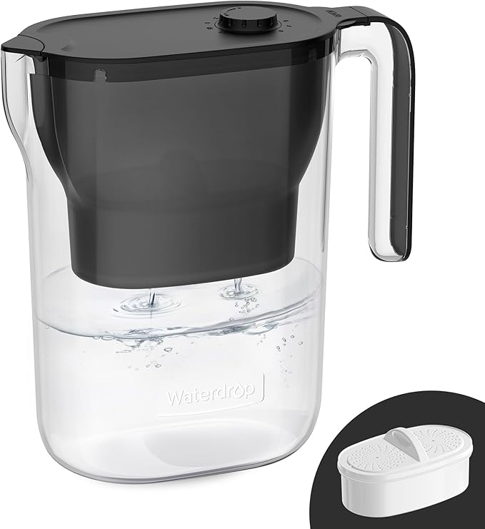 Waterdrop Water Filter Pitcher, 200-Gallon Long-Life, Countertop NSF Certified Water Purifier, Replaces 6,400 Plastic Water Bottles a Year, Reduces Chlorine, PFOA/PFOS, 7-Cup, Black