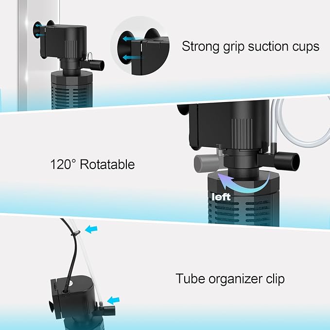 Aquarium Internal Filter for 20-50 Gallons, Ultra-Quiet Fish Tank Filter Biochemical Filtration 320GPH Powerful Pump Submersible Aquarium Filter Tank Clear Air Supply (13W Filter)