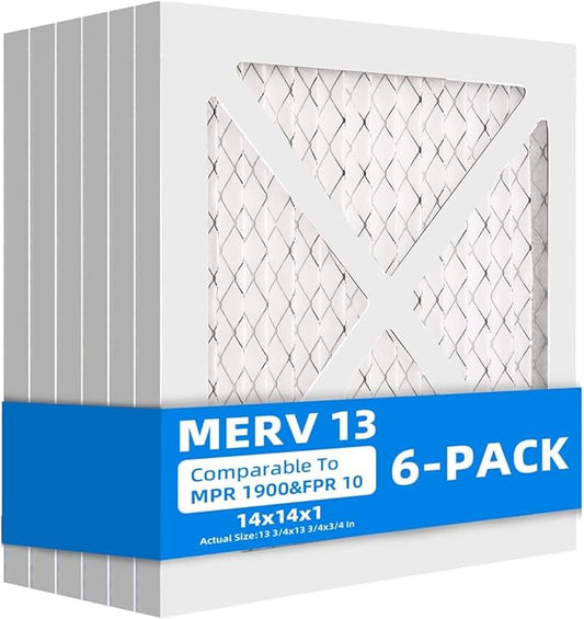 (6 Pack) 14x14x1 Furnace Air Filters, MPR 1900 & FPR 10, MERV 13 Pleated Air Filter (Actual Size: 13.75x13.75x0.75 inch)