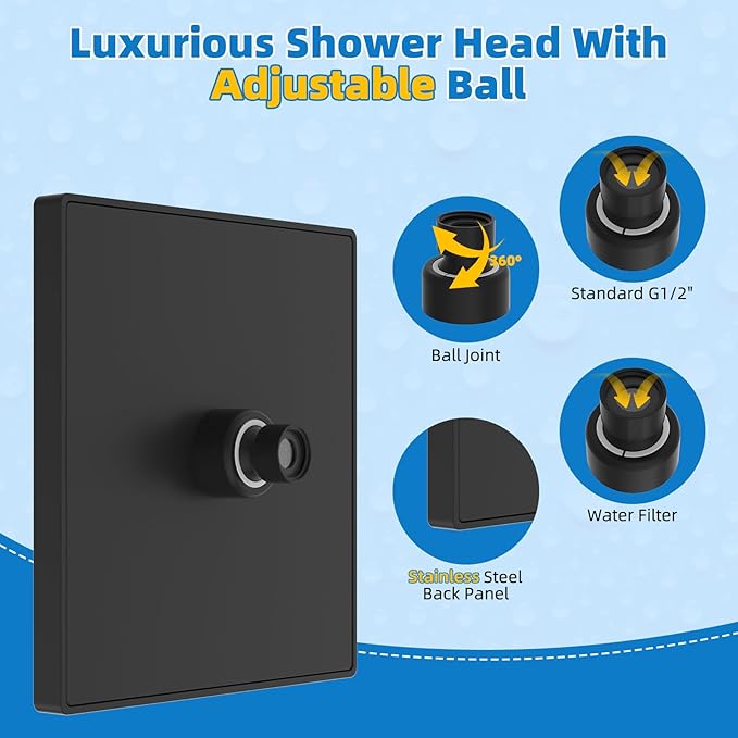 Hibbent Thickness Metal Rain Shower Head, 8 Inch High Pressure Rainfall Shower Head, Square Bathroom Waterfall Shower Heads, High Flow Fixed Showerheads with Adjustable Brass Ball Joint, Matte Black