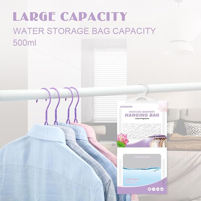 CANAGER Hanging Moisture Absorber, Lotus Fragrance Moistureproof Hanging Bag, Dehumidifier Bag (8 packs) Hanging Closet Dehumidifier Bags, Moisture Absorb 12.5 oz.
