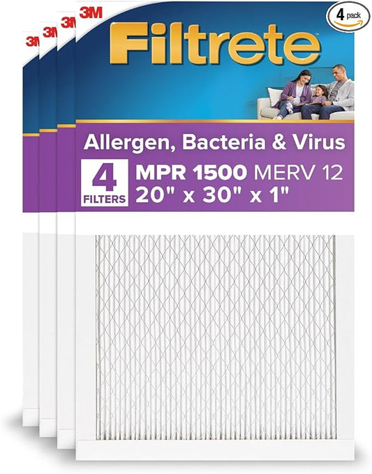 Filtrete 20x30x1 AC Furnace Air Filter, MERV 12, MPR 1500, CERTIFIED asthma & allergy friendly, 3 Month Pleated 1-Inch Electrostatic Air Cleaning Filter, 4-Pack (Actual Size 19.84 x 29.84 x 0.78 in)