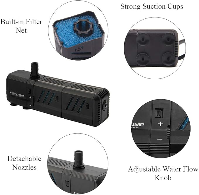 MQ 130GPH Submersible Water Pump (500L/H, 6W) with Filters and Water Nozzles, Ultra Quiet for Aquarium, Fish Tank, Pond, Fountain, Hydroponics