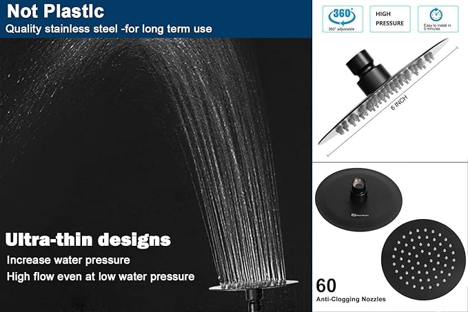 NearMoon Shower Head and 15 Stage Shower Filter Combo, High Pressure Filtered Shower for Hard Water, Improves the Condition of Your Skin, Hair (6 Inch, Black)