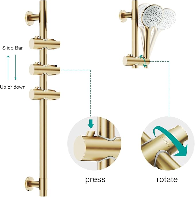 Shower Slide Bar Handheld Shower Head with Hose, 5-Function Hand Shower with Wall Mount，shower slide bar,adjustable height shower head (A-round, Brushed Gold)