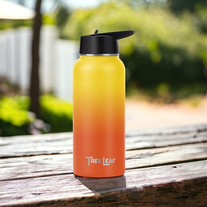 Travel Water Bottle with 3 Lids (Spout, Straw, Flip) Leak Proof, Quality, Vacuum Insulated, Stainless Steel (Sunrise, 32 oz)