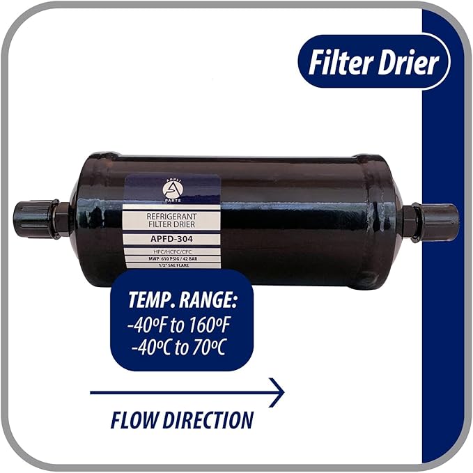 Appli Parts APFD-304 1/2 in Liquid Line Refrigerant AC Filter Drier hvac Refrigeration 304 SAE Flare connection universal unidirectional 10-1/2 in long 3-1/4 in wide