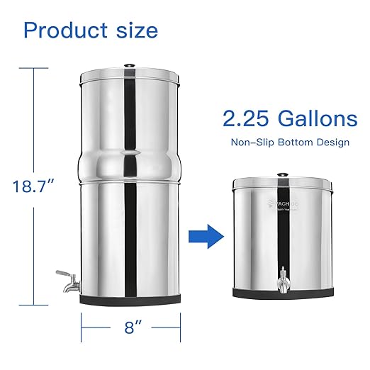2.25G Stainless Steel Gravity-Fed Water Filter System with 2 Black Purification Filter and Metal Spigot, NSF/ANSI 42 Certification, Reduces up to 99% of Chlorine, for Home, Camping, Outdoor
