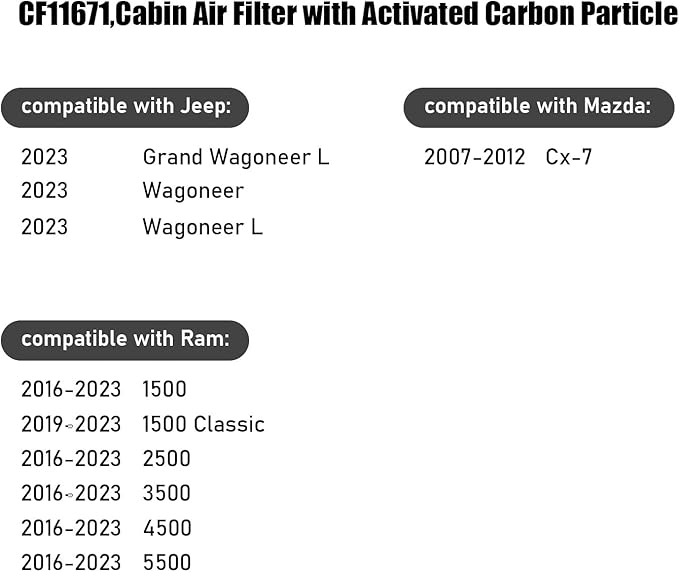 CF11671,Cabin Air Filter with activated carbon particle for Jeep,2023 Grand Wagoneer L,Wagoneer,Wagoneer L.Mazda,6,CX-7.Ram,2016-2023 1500,2019-2023 1500 Classic,2016-2023 2500,3500,4500,5500.