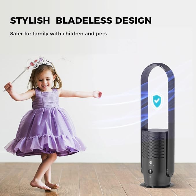 U ULTTY Bladeless Tower Fan and Air Purifier in one, True HEPA Filter 99.97% Smoke Dust Pollen Dander, Oscillating Tower Fan with Remote Control CR022D, Black