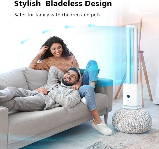 ULTTY Bladeless Tower Fan and Air Purifier in one, Bedroom Fan with HEPA Filter 99.97% Smoke Dust Pollen Dander, 42 Inch 90° Oscillating Tower Fan with Remote, Touch, 8H Timer