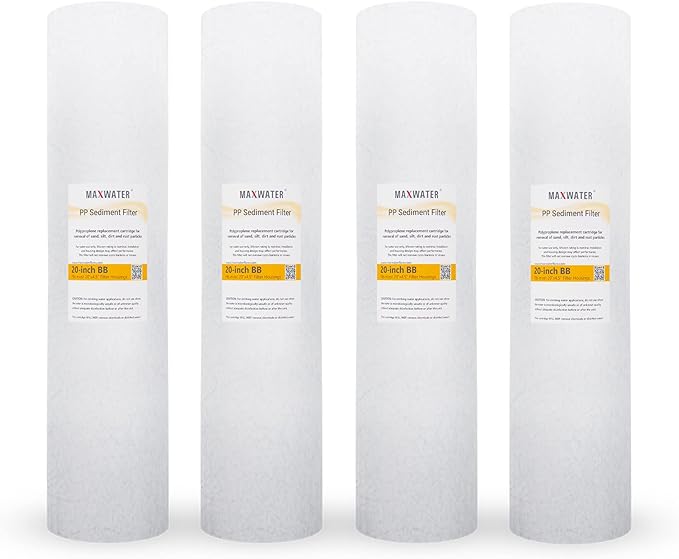 Max Water 1 Micron 20 x 4.5 Sediment Filter - Whole House BB Water Filtration System Replacement Cartridge Compatible with DGD-5005-20, AP810-2, FP25B, SDC-45-2005, 4 Pack