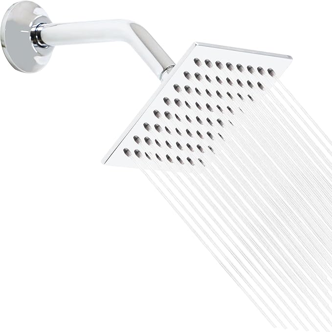6 Inch Square Shower Head Stainless Steel High Pressure Rain Shower Heads with Extension Arm Adjustable Angle Replacement Luxury Shower Head for Modern Bathroom (Square, Chrome)