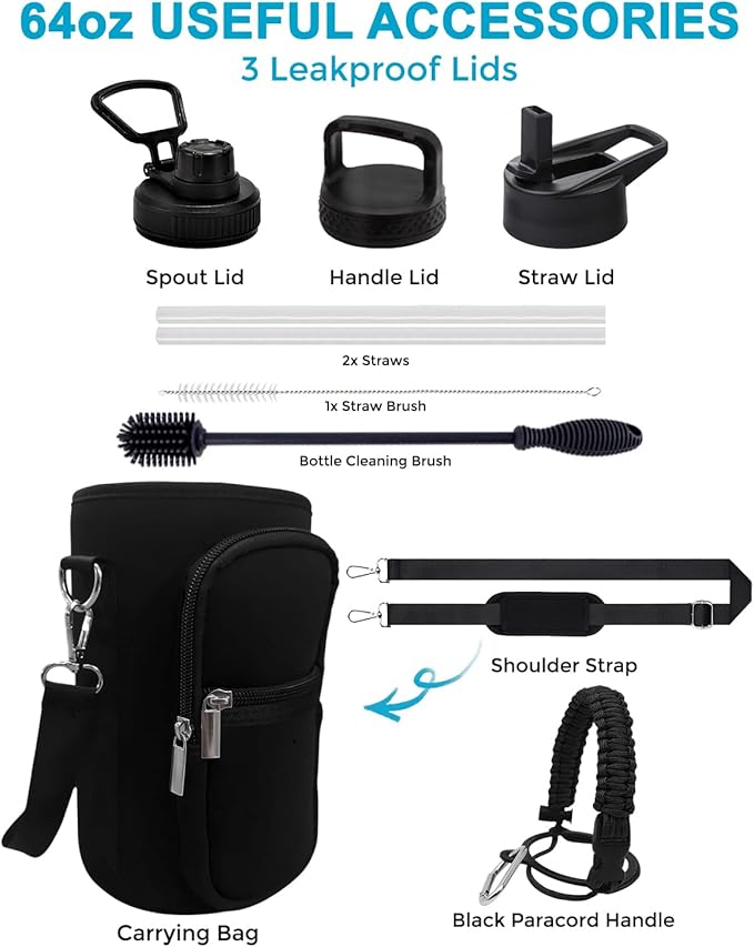 Travel Water Bottle with Carrying Bag, 3 Lids (Spout, Straw, Handle), and Bottle Brush; Leak Proof, Quality, Vacuum Insulated, Stainless Steel (Twilight, 64 oz)