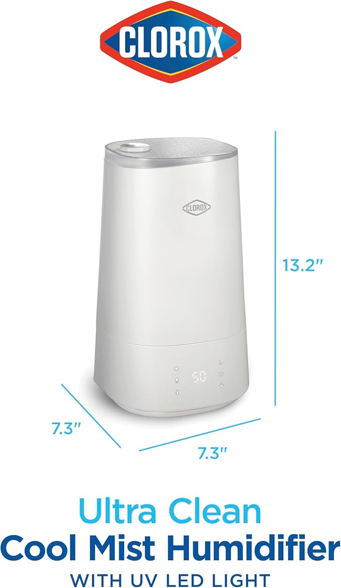 Clorox Air Humidifier for BedRoom with UV LED Light to Reduce Germs and Bacteria, Whisper Quiet, 4L Water Tank for up to 40 Hours of Continuous Steam, Ultra Clean Cool Mist, White (11080)