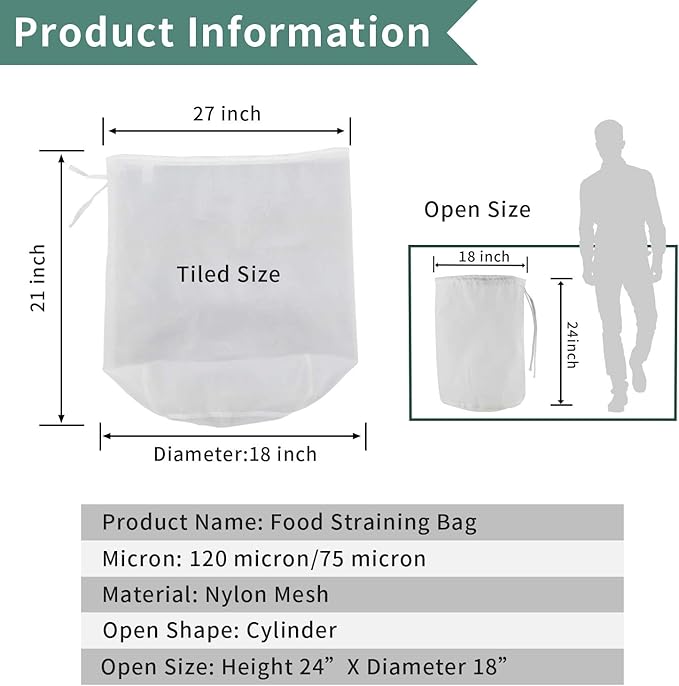 12"x18" Drawstring Straining Brew in a Bag 75 Micron Nylon Jelly Strainer Wine Beer Brew Filter Bag