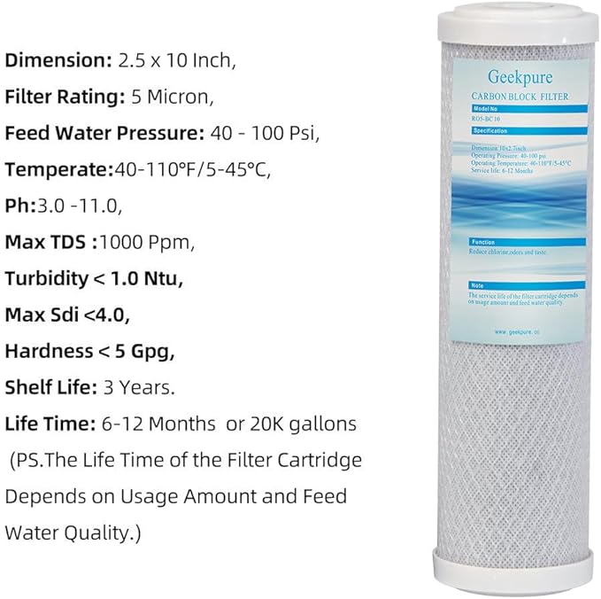 Geekpure 10 Inch Carbon Block Replacement Filter Cartridge for RO Water Filtration System -2.5" x 10" -5 Micron-Pack 4