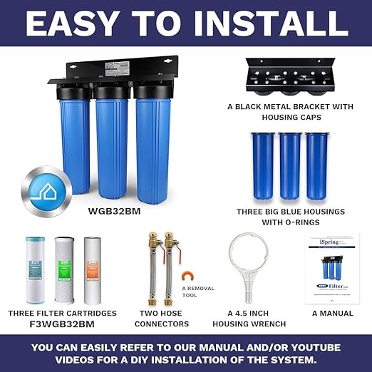iSpring WGB32BM 3-Stage Whole House Water Filtration System (w/ 20” x 4.5” Sediment, Carbon, and Iron & Manganese Reducing Filters) w/ 3/4'' Push-Fit Braided Stainless Steel Hose Connectors