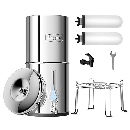 2.25G Gravity Water Filter System with New Water Level Window, 3-Stage 0.01μm Ultra-Filtration Stainless Steel Countertop System with 2 Ceramic Filters and Stand, Reduce 99.9% Chlorine