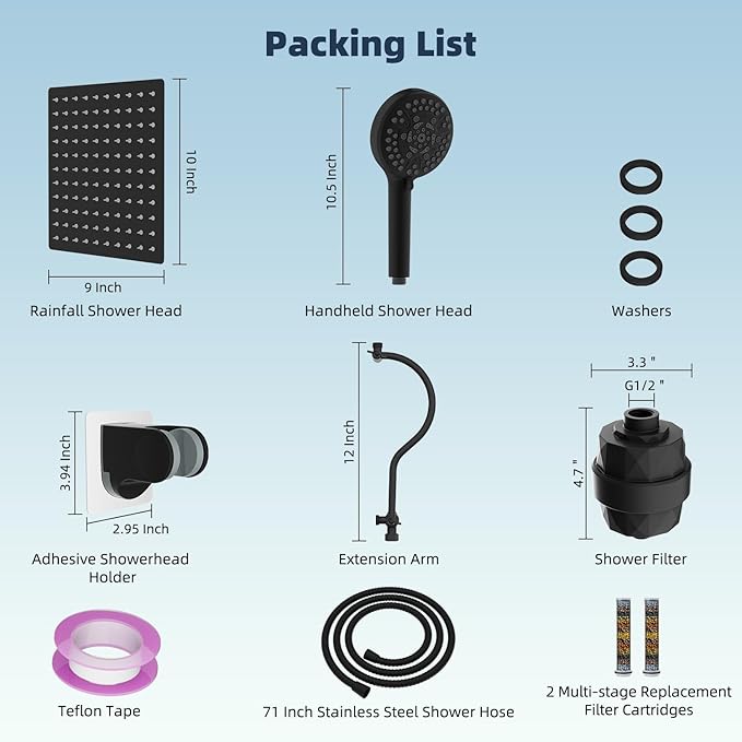 Hibbent All Metal 10'' Dual Filtered Rainfall Shower Head Combo, High Pressure Handheld Shower Head with 12'' Adjustable Curved Extension Arm, 20 Stage Shower Filter, 10-spray, 71'' Hose, Matte Black