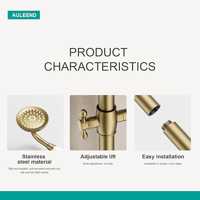 Shower Slide Bar Handheld Shower Head with Hose, shower slide bar,adjustable height shower head (C-retro, Brushed Gold)