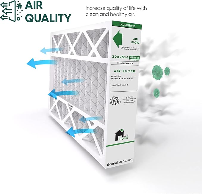 EconoHome 20x25x4 AC Furnace Pleated Air Filter MERV 11 Replacement – Allergen Defense, 4 Pack, Fits Lennox (X6673), Honeywell (FC100A1037) filters. (Actual size: 19.94 x 24.86 x 4.36 Inches)