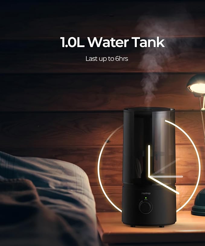 Humidifiers for Bedroom, raydrop Cool Mist Humidifiers for Babies, 1.0L Quiet Ultrasonic Humidifier, Space-Saving, Filterless, Auto Shut Off - (0.26 Gallon, US 110V)