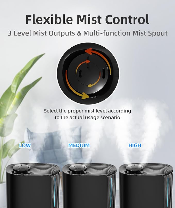 BREEZOME 6L Humidifiers for Bedroom Large Room & Essential Oil Diffuser, Ultrasonic Top Fill Cool Mist Humidifiers for Baby, Plants, Nursery Last up to 60 Hours, Smart Humidistat Control, Quiet, Black