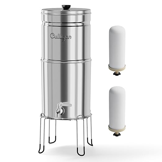Culligan with MaxClear Technology 2.25 Gallon Gravity Water Filter System, Polished Countertop Ceramic Water Filter NSF/ANSI Certified to Reduce Lead, Microplastics & Total PFAS, with 2 Filters