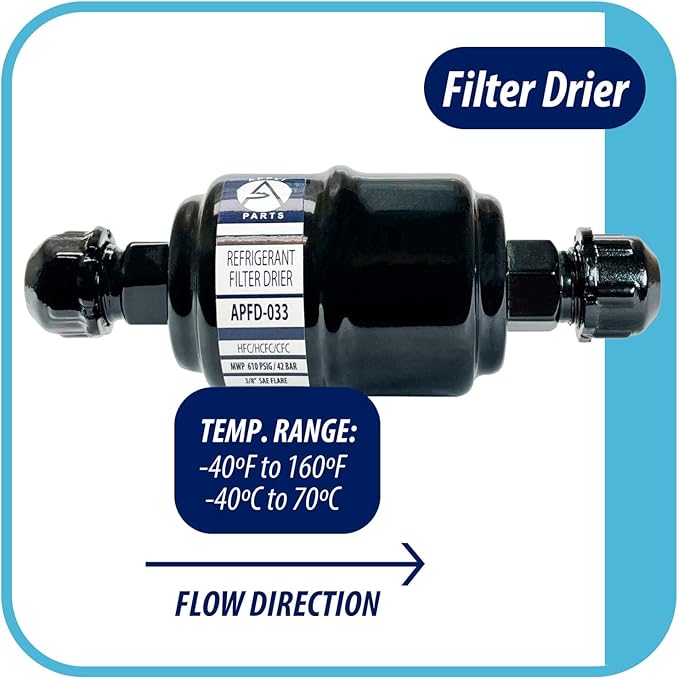 Appli Parts APFD-033 3/8 in Liquid Line Refrigerant AC Filter Drier hvac Refrigeration 033 SAE Flare connection universal unidirectional 4-1/2 in long 1-3/4 in wide