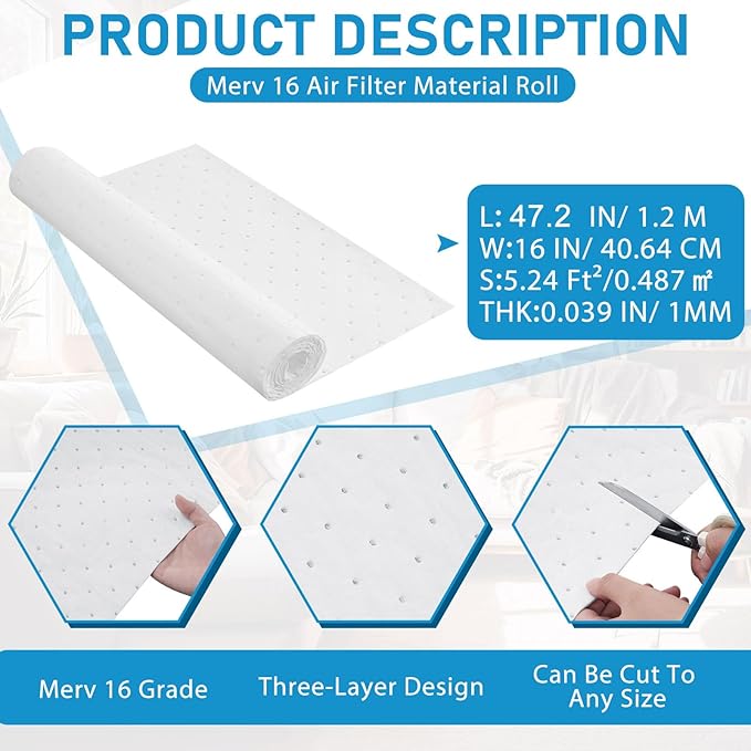 Merv 16 Filter Material, 5.24 Ft² Cut to Fit Air Vent Filters for Clean Living Basic Dust and Pet Dander Pollen Smoke for Home Ac HVAC, Efficiency Breathable DIY Design