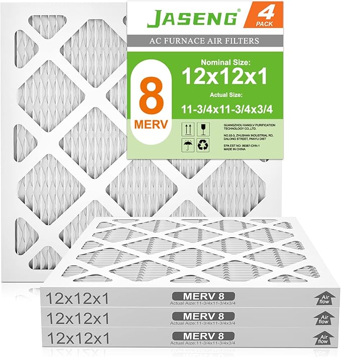 12x12x1 AC Furnace Air Filters,(4-Pack) MERV 8 Dust Defense, JASENG MPR 600 Pleated HVAC Replacement Air Filter (exact dimensions: 11 3/4"x11 3/4"x3/4")