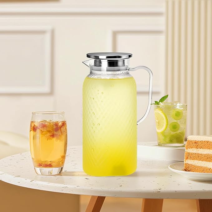 2 Pack Plastic Pitcher with Lid and Handle, 1.8L Clear Water Jug, BPA-Free Ice Tea Pitchers for Lemonade, Milk, Juice, Home, Office
