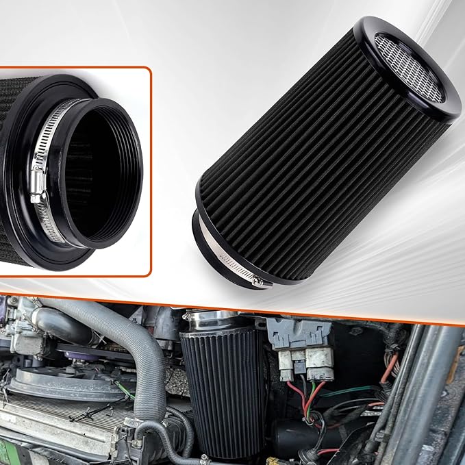4-Inch Cold Air Intake Filter - Washable, High Performance, 3" or 3-1/2" or 4" Clamp-On Filter Height: 9 In Replacement Cone Air Filter Universal 3 Sizes in 1 (Black)