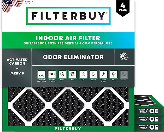 Filterbuy 16x16x1 Air Filter MERV 8 (MPR 700) Odor Eliminator Replacement (4-Pack), Electrostatic Pleated HVAC AC Furnace Filters w/Activated Carbon, Made in USA (Actual Size: 15.75 x 15.75 x 0.75)