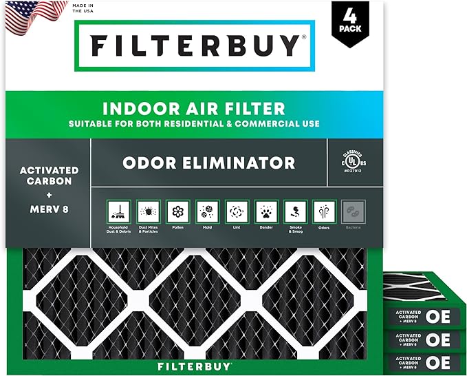 Filterbuy 10x10x1 Air Filter MERV 8 (MPR 700) Odor Eliminator Replacement (4-Pack), Electrostatic Pleated HVAC AC Furnace Filters w/Activated Carbon, Made in USA (Actual Size: 9.50 x 9.50 x 0.75)