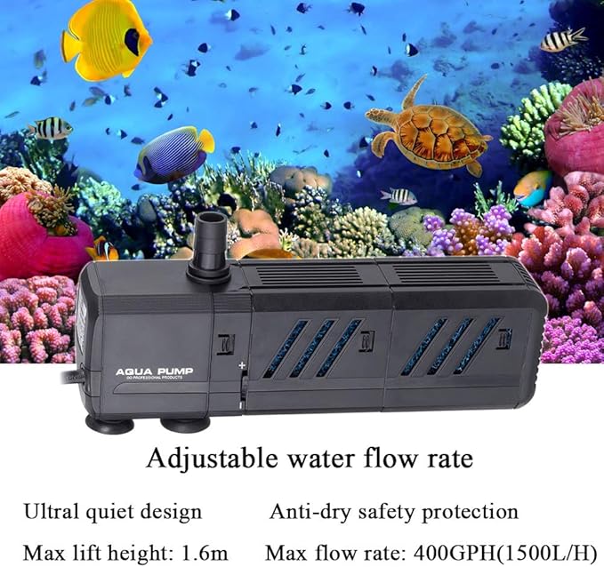 MQ 400GPH Submersible Water Pump (1500L/H, 15W) with Filters and Water Nozzles, Ultra Quiet for Aquarium, Fish Tank, Pond, Fountain, Hydroponics