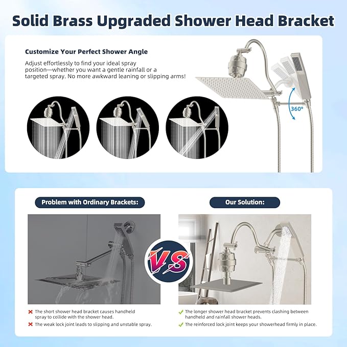 Hibbent All Metal 12'' Filtered Rainfall Shower Head Combo, High Pressure Handheld Shower Wand, 12'' Adjustable Extension Arm, 20 Stage Shower Filter, 71'' Hose, Shower Head Holders, Brushed Nickel