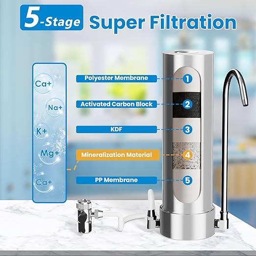 F7 Countertop Water Filter System,Rapid Flow,6-8Months or 8000 Gallons Long-Life,5-Stage Filtration- Reduces Chlorine,Heavy Metals,Bad Odors,add Mineral Material-Includes 1 Filter