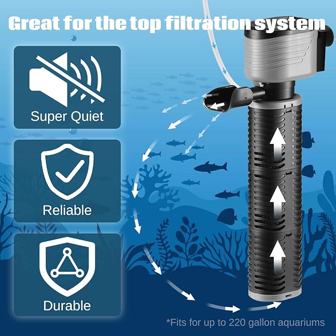 SainSmart XpertMatic 45W Aquarium Filter, Submersible Fish Tank Filter Water Pump for Up to 220 Gallon Fish Tank, 3 Stages 792 GPH Biochemical Sponge Filter, for Aquarium Filtration/Oxygenation
