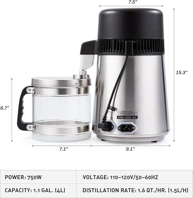 CO-Z Water Distiller 4L Distilled Water Maker with Glass Pot, Brushed 304 Stainless Steel Home Countertop Distiller Water Machine, Distilling Water Purifier Distillers to Make Clean Water
