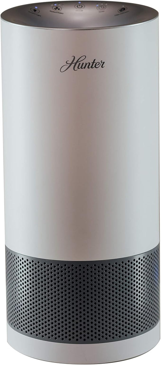 Hunter Fan Company HP400 Round Tower Air Purifier for Small Rooms, Featuring True HEPA Filtration and EcoSilver® Pre-Filter for Allergy and Asthma Relief, White and Silver