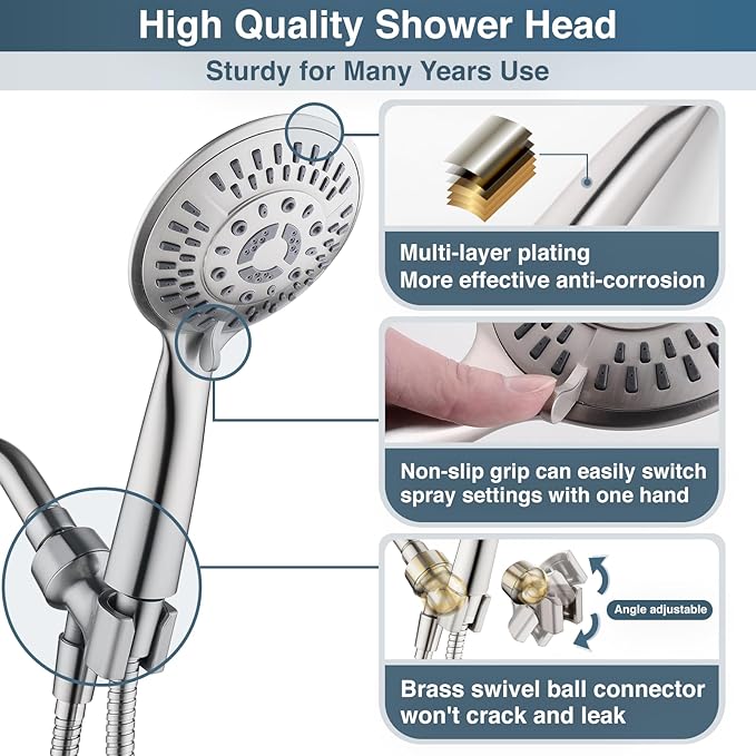 BRIGHT SHOWERS 9 Spray Settings Shower Head with Handheld High Pressure Brushed Nickel Hand Held Showerhead with 60 Inch Stainless Steel Hose and Adjustable Overhead Bracket