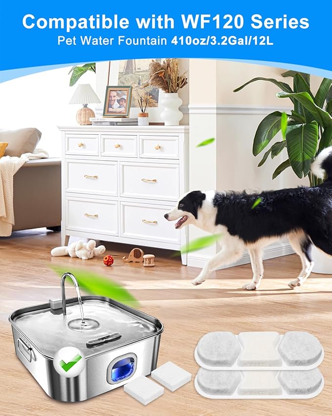 12 Pack Replacement Filter & 12 Pre- Sponges Dog Water Fountain Filters Fit for WF120 Large Dog Water Bowl Dispenser 410oz/3.2Gal/12L Automatic Pet Fountain Water Dispenser Stainless Steel