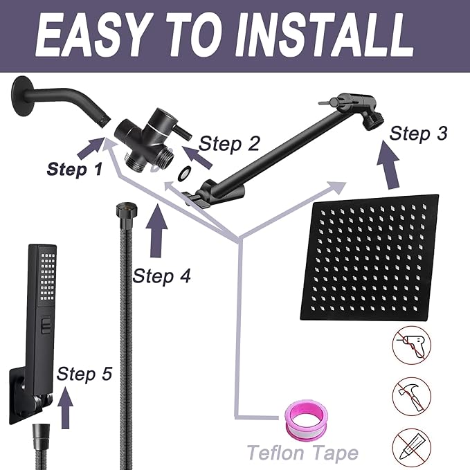 10" High Pressure Square Rainfall Shower Head and 2-in-1 Hand Shower,Rainfall Showerhead with 11" Shower Arm,Equipped with 78"Hose,Adhesive Shower Head Holder (Square Black Shower Head Set)